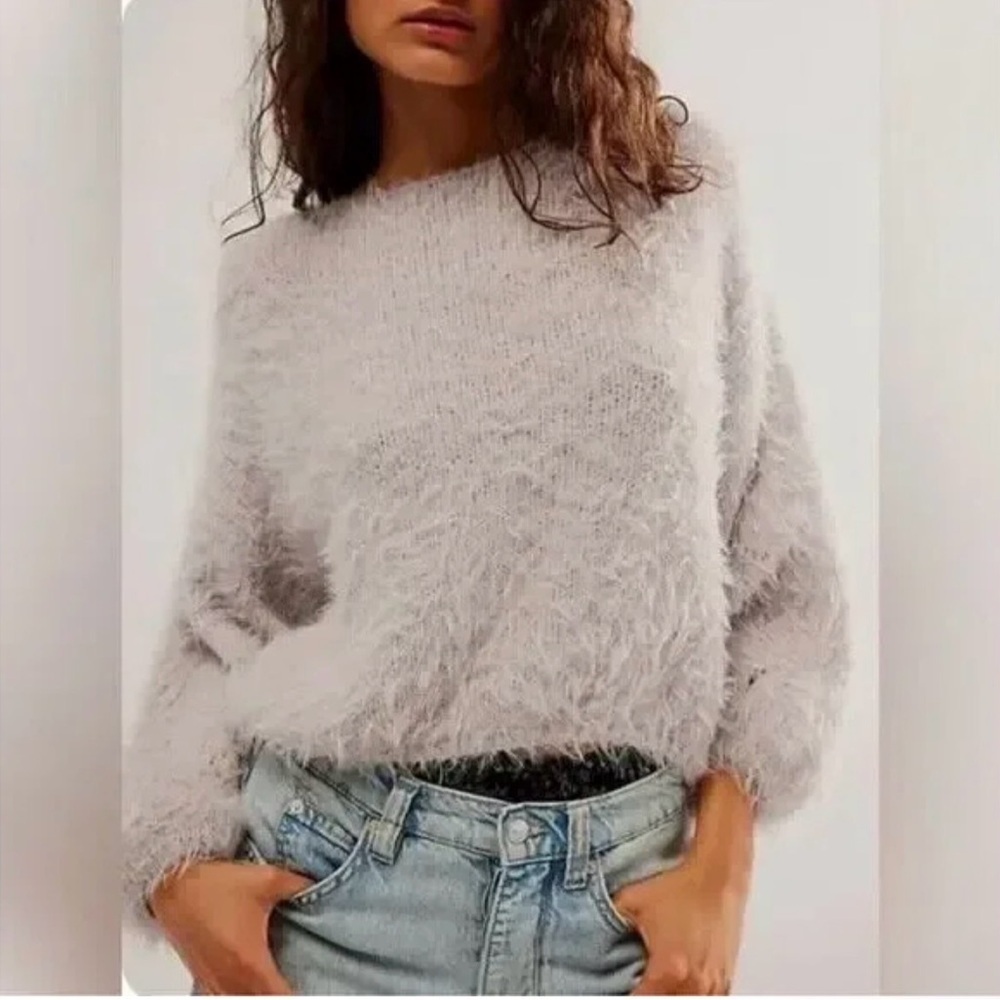 NWT Free People Flurry Violet Frost Lilac Fuzzy Pop Star Cropped Sweater Sz S